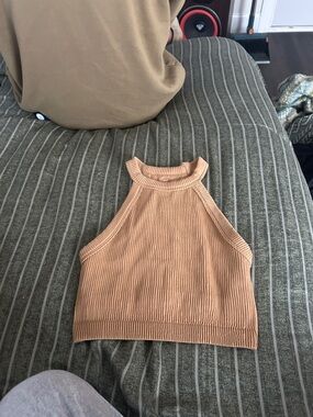 Ribbed Sleeveless Halter Crop Top in Beige